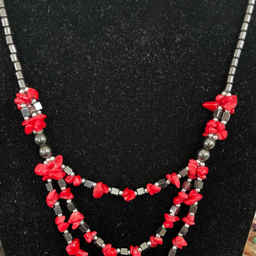 Red and Silver Beaded Necklace hematite and red chips.